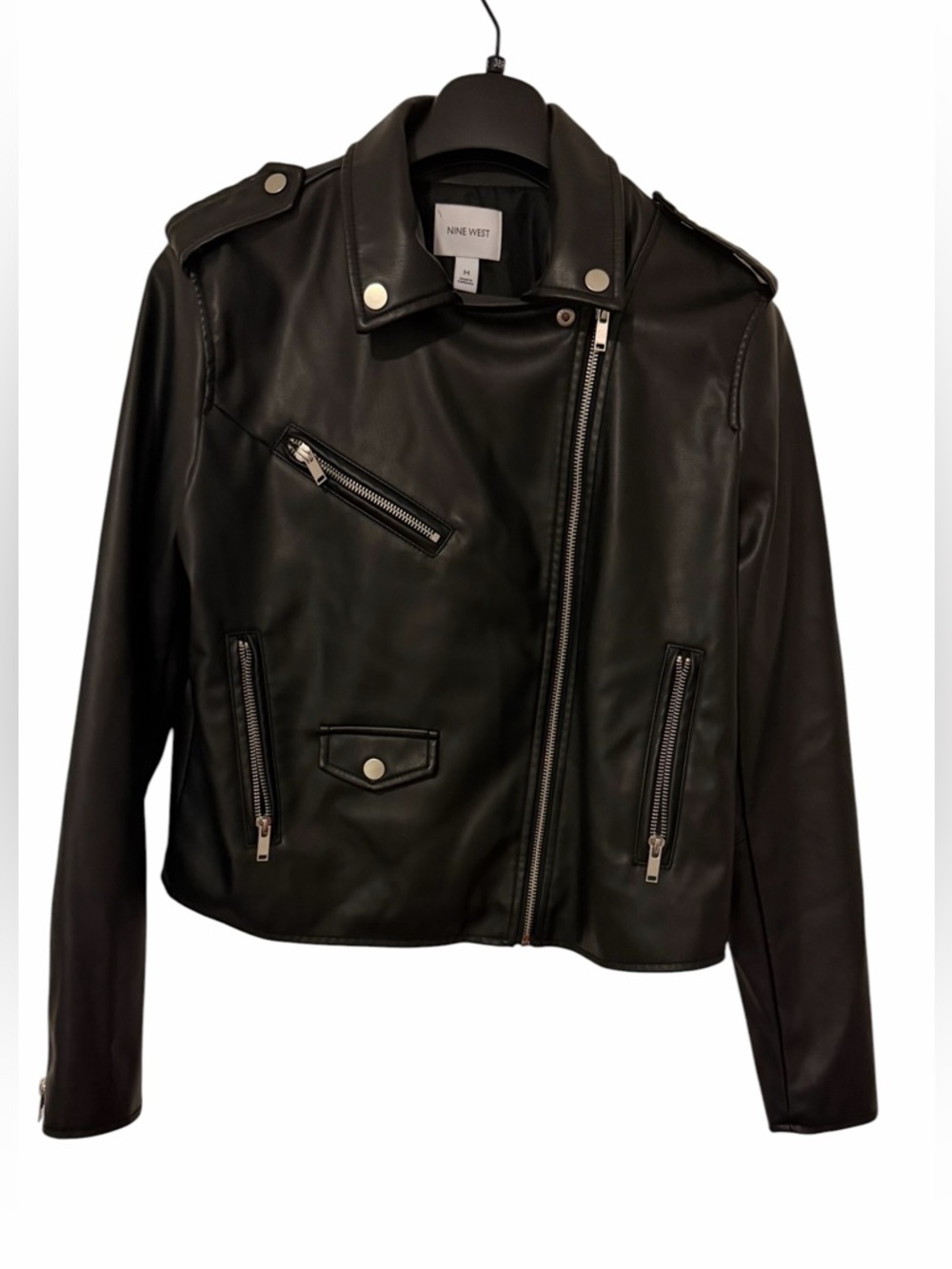 Nine West Black Faux Leather Asymmetrical Moto Jacket (006)